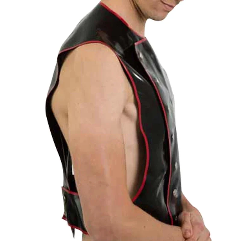 Handmade Sexy Latex Vest Shirt with Buttons and Belts Rubber Coat for Men Wear Black with Red