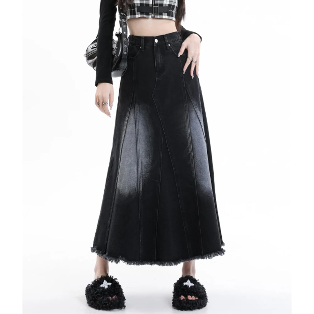 

New Women Spring Summer Black Denim Skirt Fashion Stretch Waist A-Line Loose Ragged Denim Skirt Casual Plus Size Long Skirt