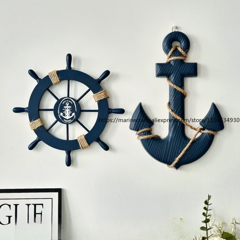 Helmsman Iron Anchor Wall Decoration Set Mediterranean Marine Theme Wooden Craft Ship's Wheel Home Decor
