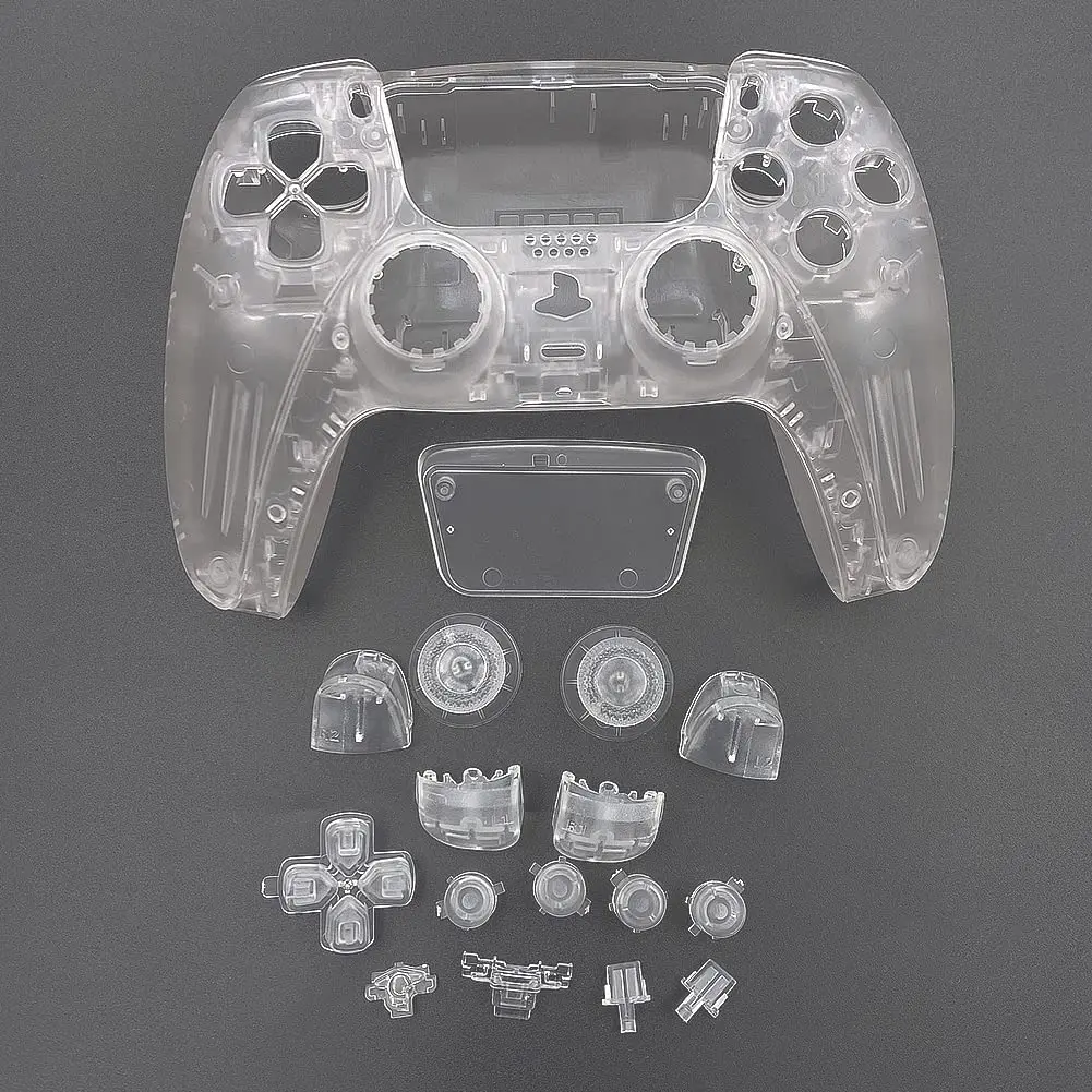 Capa transparente para controle de ps5, capa de substituição com botões completos, ferramentas diy e tampa de silicone de cristal líquido