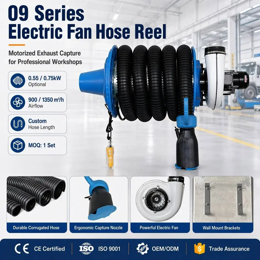 Automatic Motorized Exhaust Hose Reel Stainless Steel Plastic 0.55kW Centrifugal Fan Advanced Control System Kit 220V 380V Dual