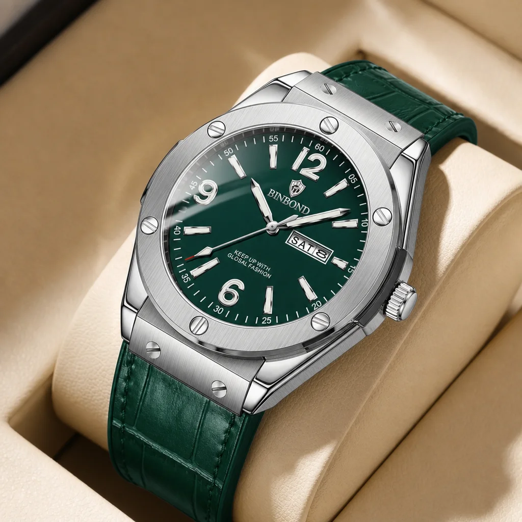 1 Piece Men's Green Dial Wristwatch with Crocodile Pattern Leather Strap, Silver Case, Day Date Display, Fashionable Cas