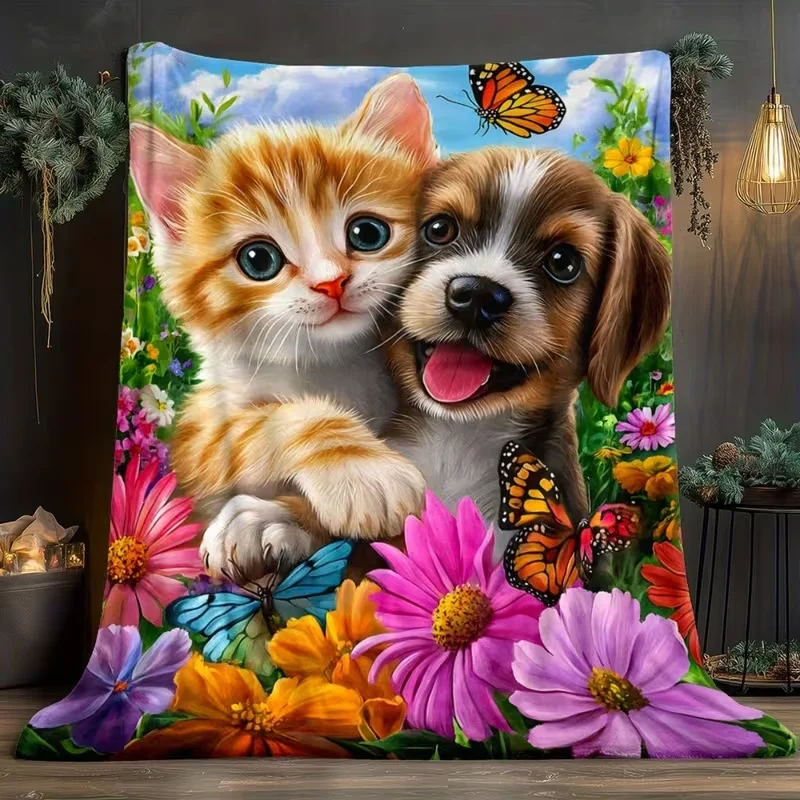 Cute Puppy Kitten Flannel Blanket Dog Cat Floral Butterfly Fleece Blanket Soft Warm Cozy Throw Blankets For Girls Bed Sofa