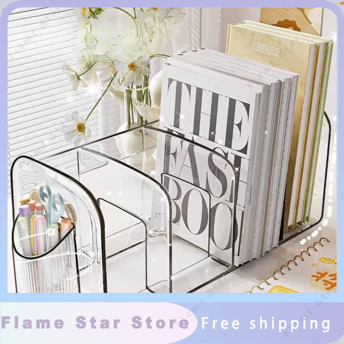 3/4 Grid Acrylic Divider Bookshelf Transparent Storage Rack with Handle Desktop Sorting Rack Shelf Office Work or Study Supplies