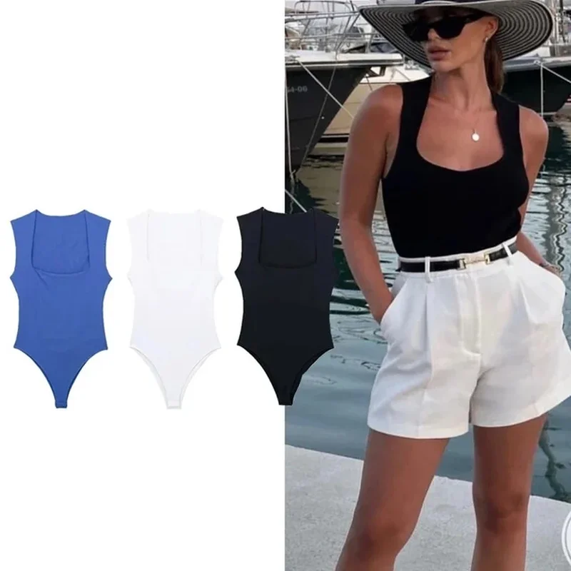 

Black Body Woman Sleeveless White Bodysuit Women Square Neck Summer One Piece Swimsuits Sexy Lingerie women's Bodysuit