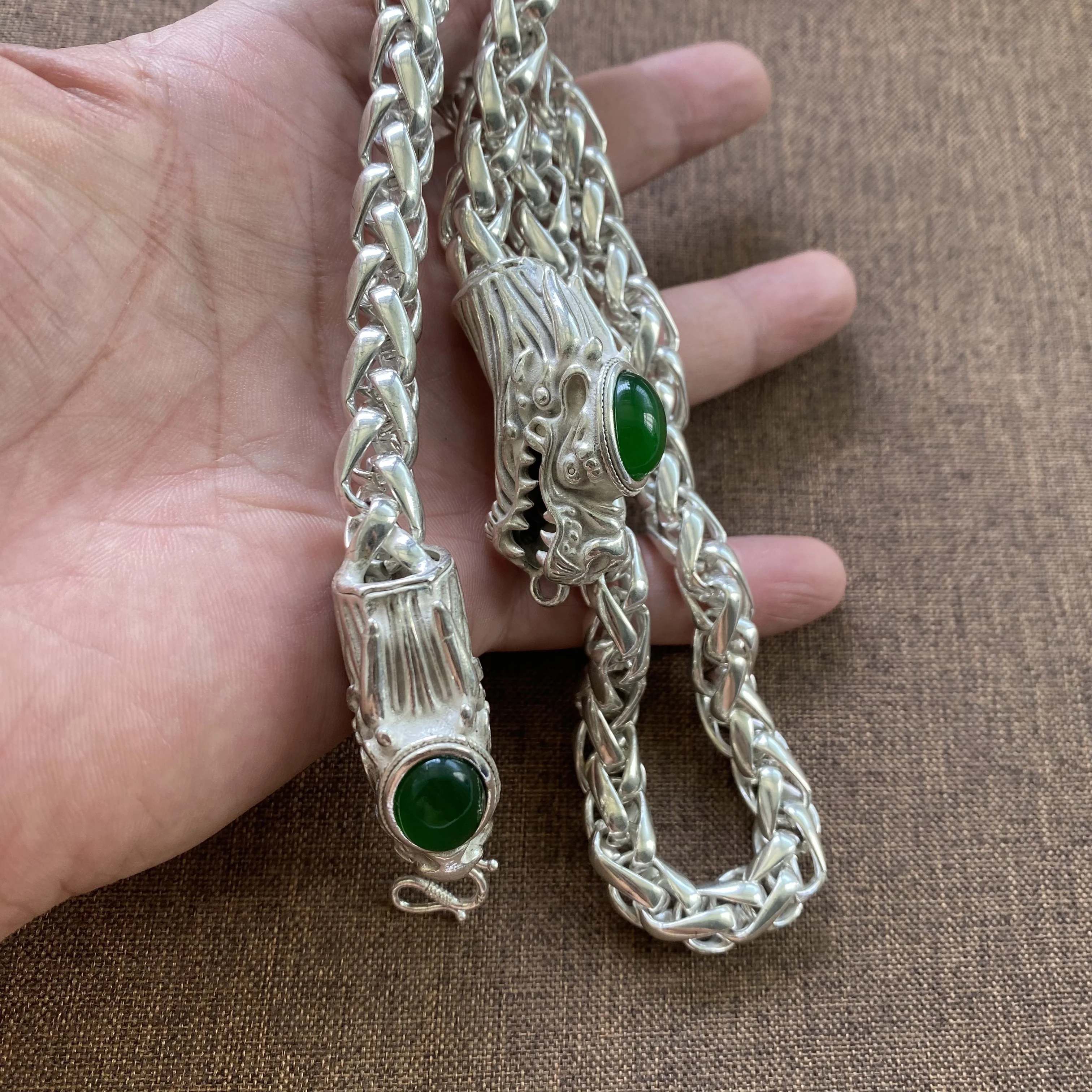 White Copper Dragon Head Necklace for Men Thick Braided Chain Green Stone Inlay Hip Hop Punk Jewelry Gift