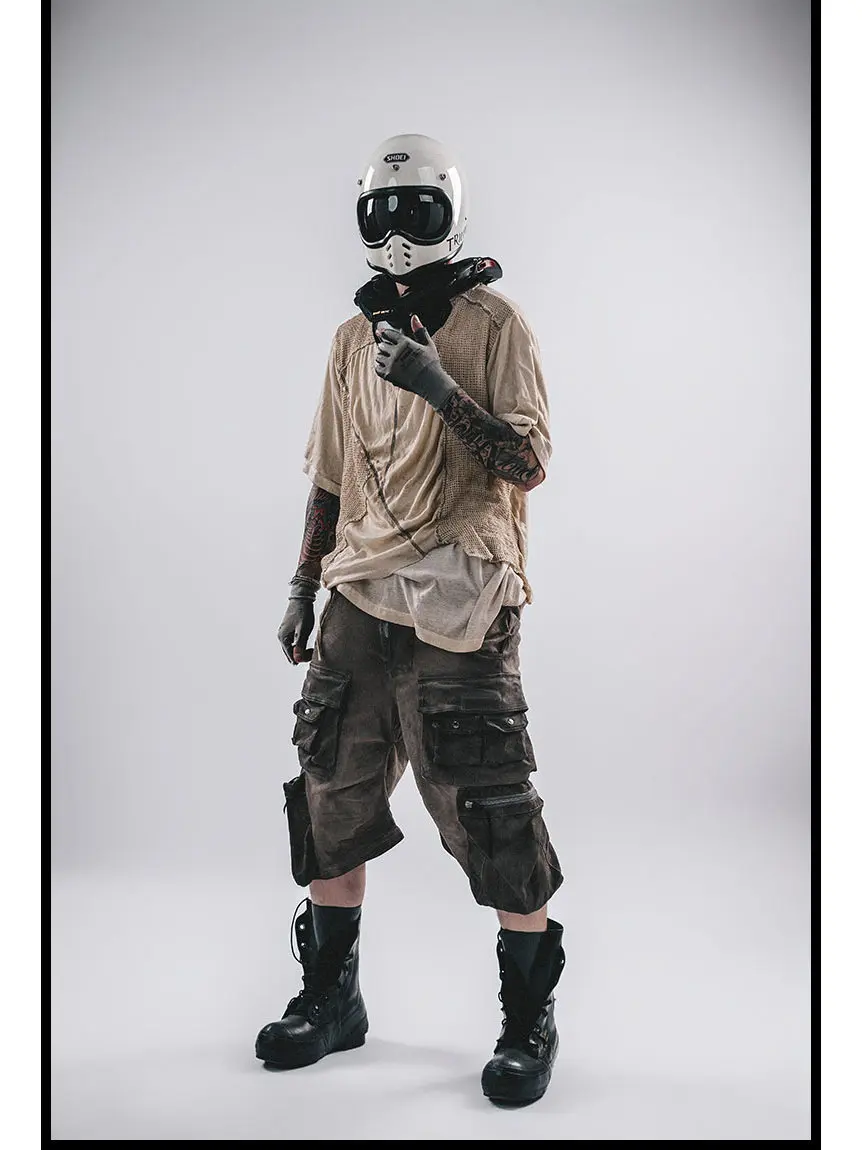 

Summer Dirty Sand Washing Land Wasteland Wind Multi-pocket Three-dimensional Loose Casual Overalls Cropped Pants Shorts Men