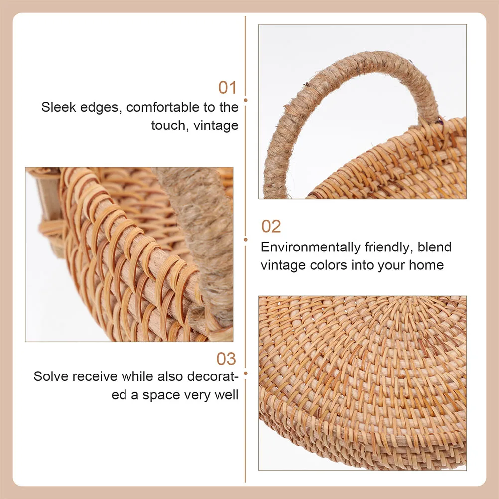 

Round Fruit Basket Tray Hand Woven Rattan Storage Baskets Snack Serving Kitchen Bathroom Office Hotel Flat Trays