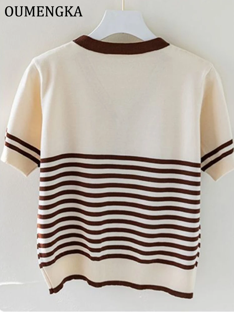 OUMENGKA Striped V Neck Knit Sweater Women's Summer Temperament Short Sleeve Solid Color Versatile Cropped Cardigan Top