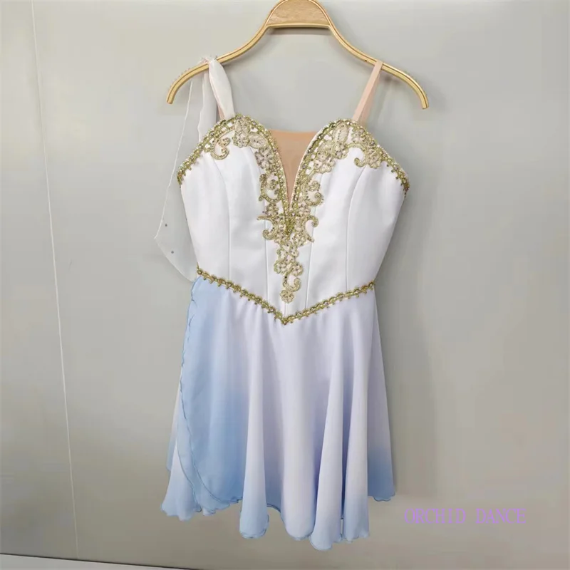 Women single pearl ribbon thin strap V neck short ballet performance dress gilded scroll lace embroidery white light blue gradie