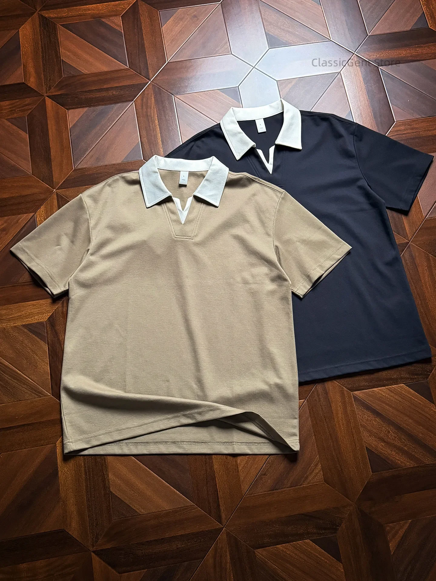 

White lapel V-shaped placket 7OZ loose citywalk short-sleeved T-shirt, casual POLO