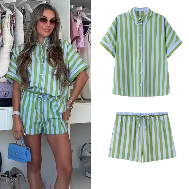 

2026 Summer New Women's Set Yellow 2026 Summer New Women's Set Green Striped Short-Sleeve Loose Shirt and Shorts Set Casual