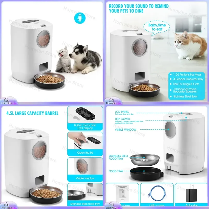 

Automatic Pet Feeder 4.5L Smart Food Dispenser with Timer Scheduled Feeding Portion Control LCD Display for Cats Dogs Indoor