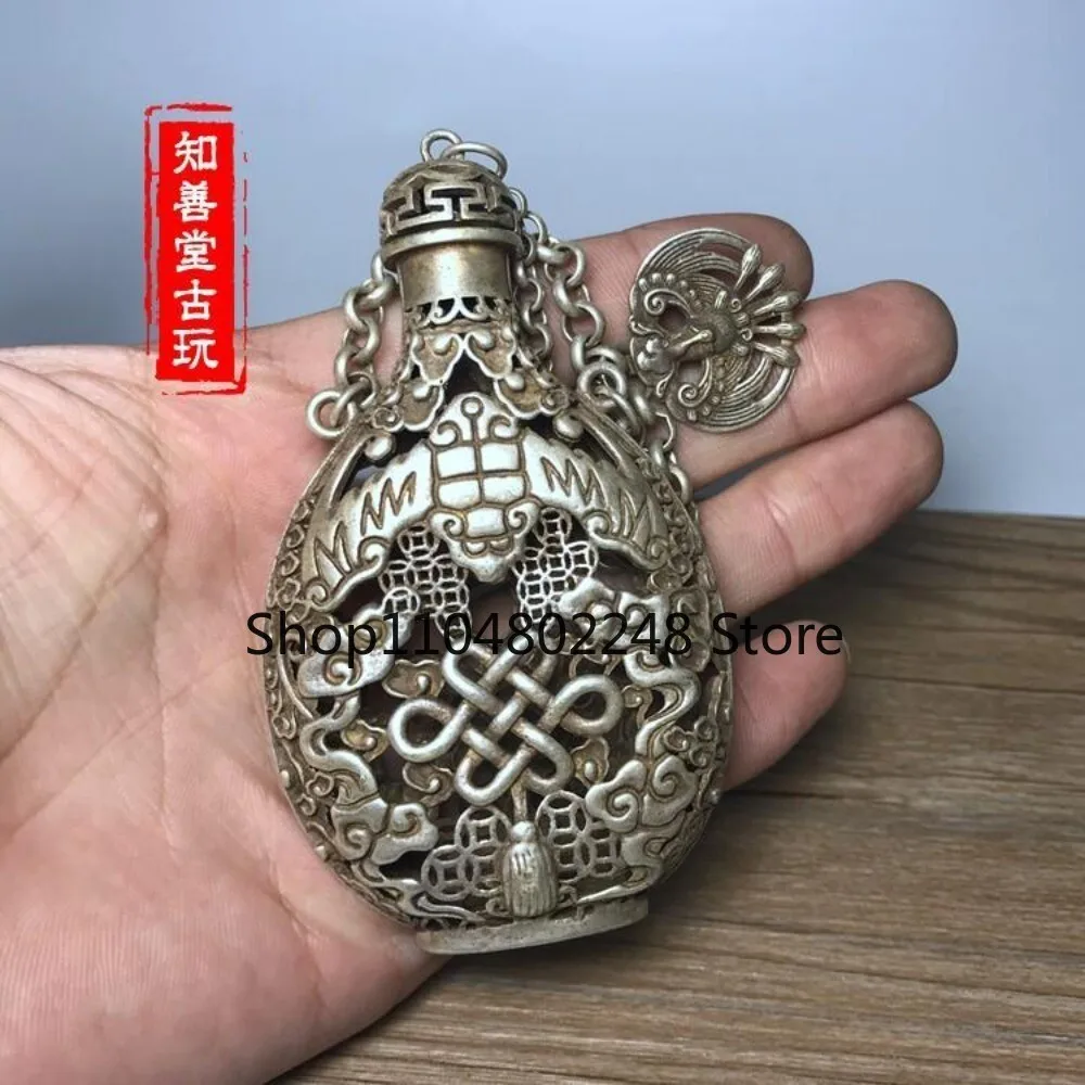 Old tibet silver handcarved Kylin offering longevity Hollowed out Sachet d728