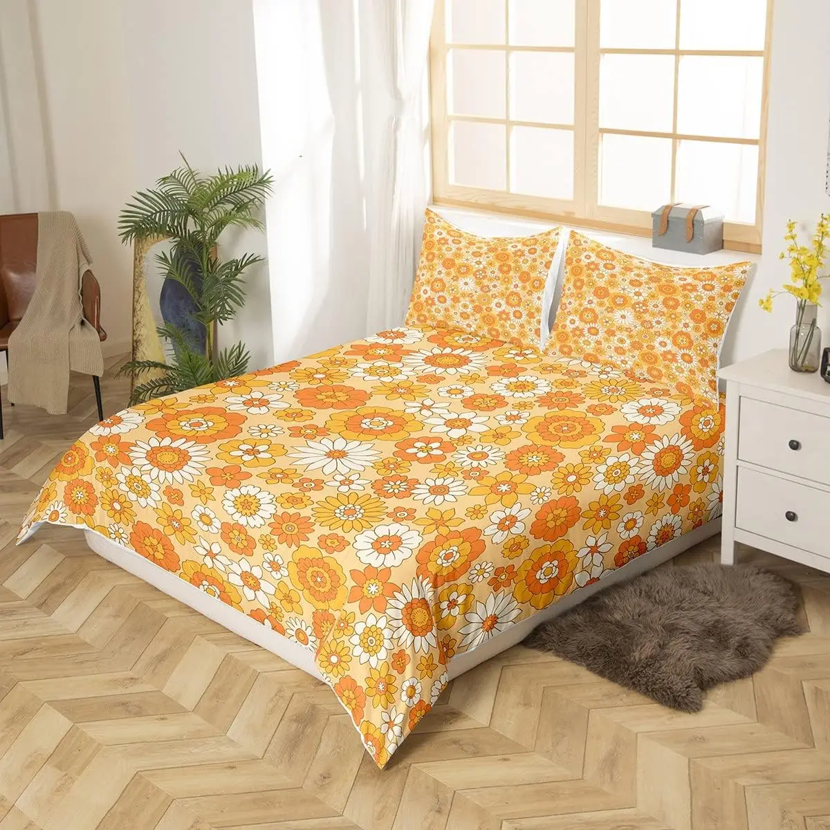 Retro Floral Bedding Set King Size Beige White Groovy Flowers Duvet Cover With 2 Pillowcases Colorful Hippie Vintage