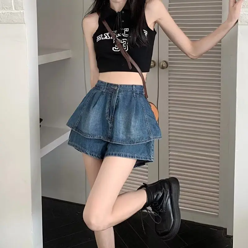Ruffled High-Waist Denim Skirt Women 2025 Summer New Niche Design Hot Girl Retro Pleated A-Line Skirt Pants