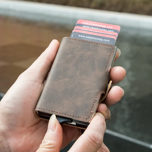 Casekey, tarjetero de cuero Vintage de Pu de alta calidad, tarjetero emergente con bloqueo Rfid con Clip para dinero y Billetera de bolsillo para Hombre