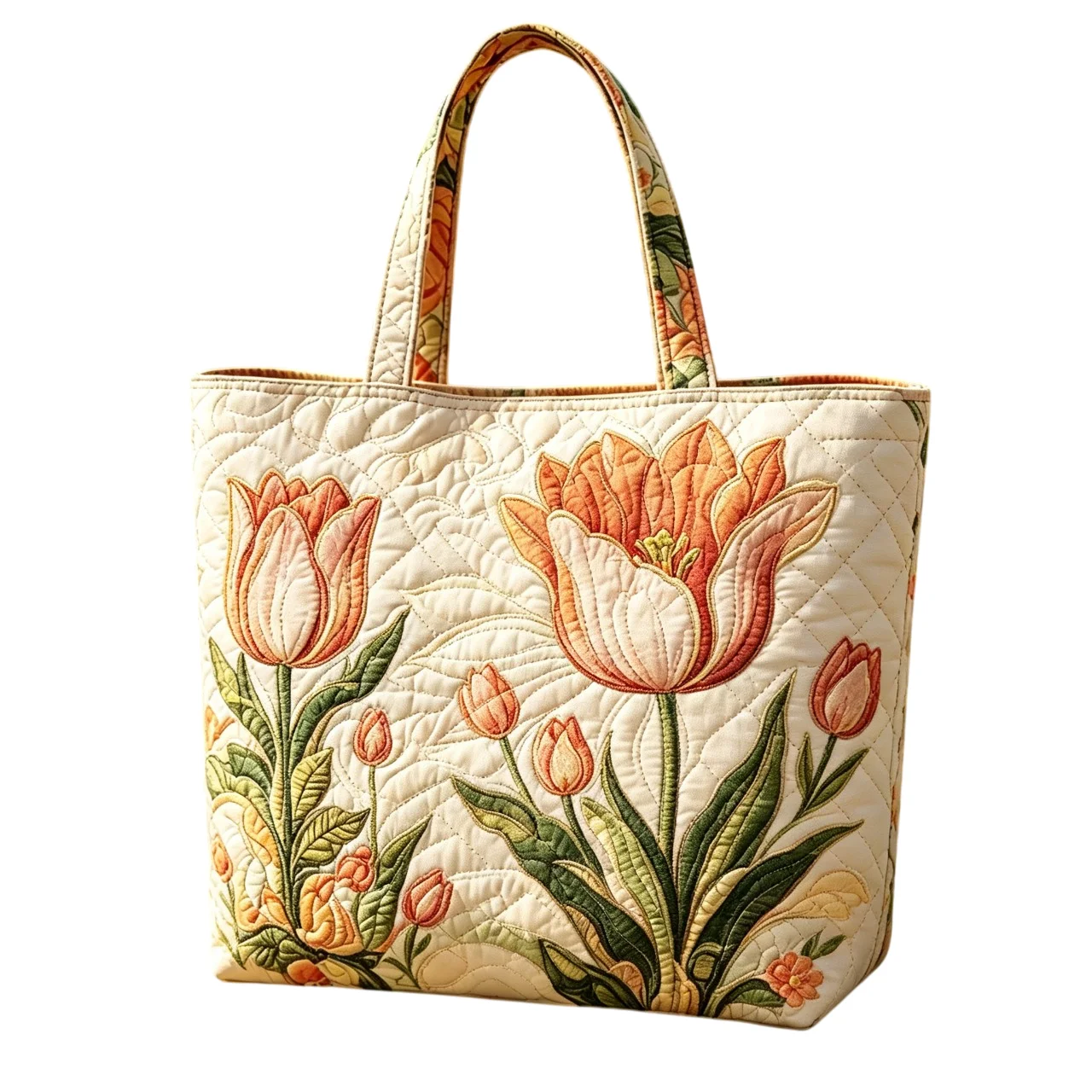 

Quilted Tote Bag Orange Floral Pattern Soft Lightweight Shoulder Handbag for Grocery Shopping Travel