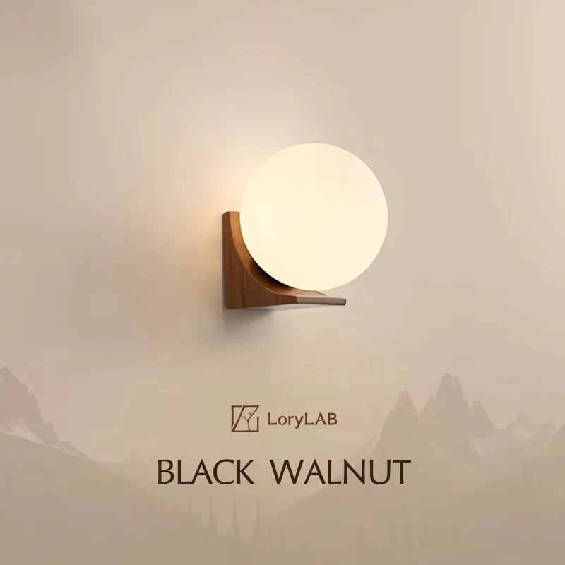 

Walnut Wood Wall Light Round Ball Glass Modern Style Wall Lamp Sconces for Bedroom, Living Corridor Aisle Balcony Bedside