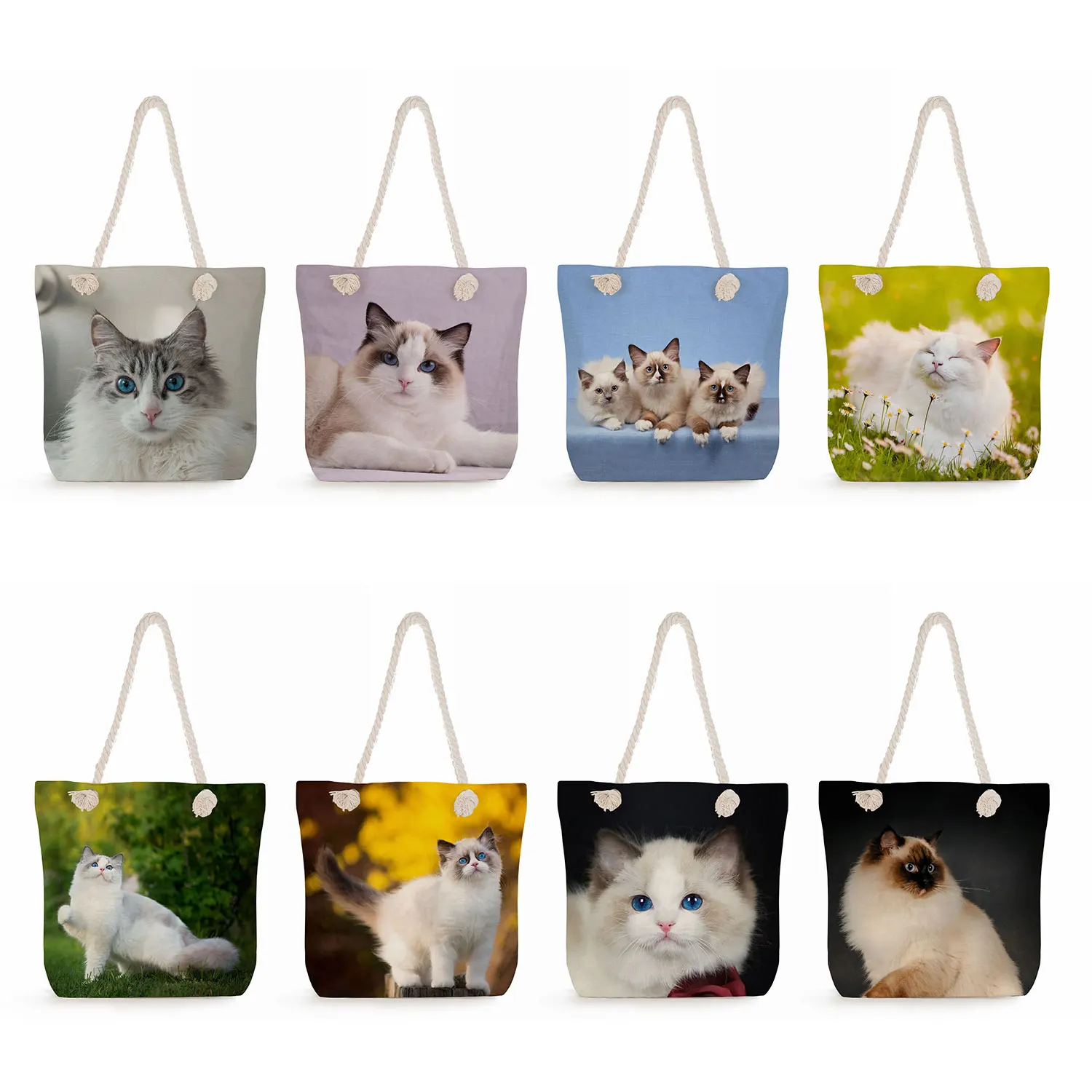 Cute Siamese Cat And Ragdoll Cat Print Handbags Groceries Women Shopping Bags Shoulder Bags Teacher Office Tote Casual Beach Bag