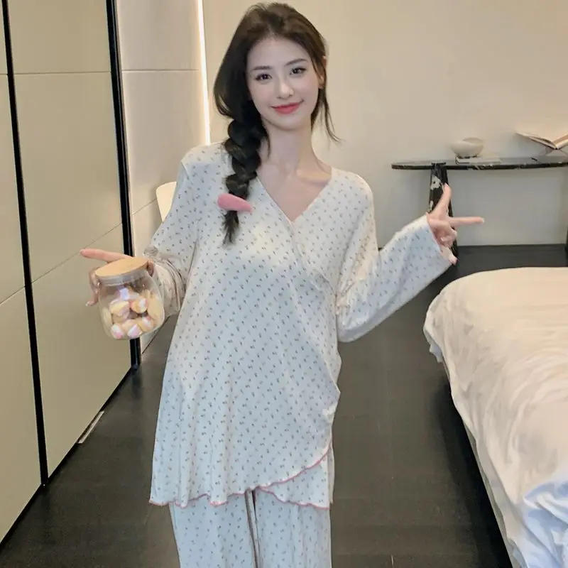 Modal Confinement Clothing Spring Women Thin Sweet Large Size Cardigan Sleepwear Suit Female Casual Loose Homewear Two-Piece Set