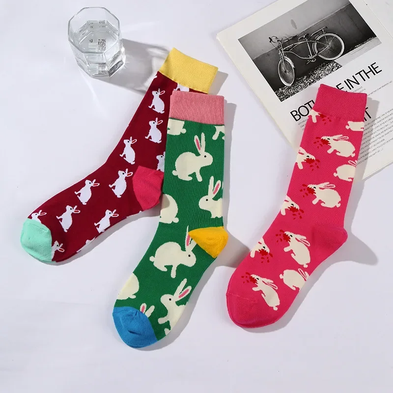 

Trend Colorful Pink Rabbit Socks Women's Autumn and Winter Couples Pure Cotton Socks Personalized Fashion Breathable Gift Sock