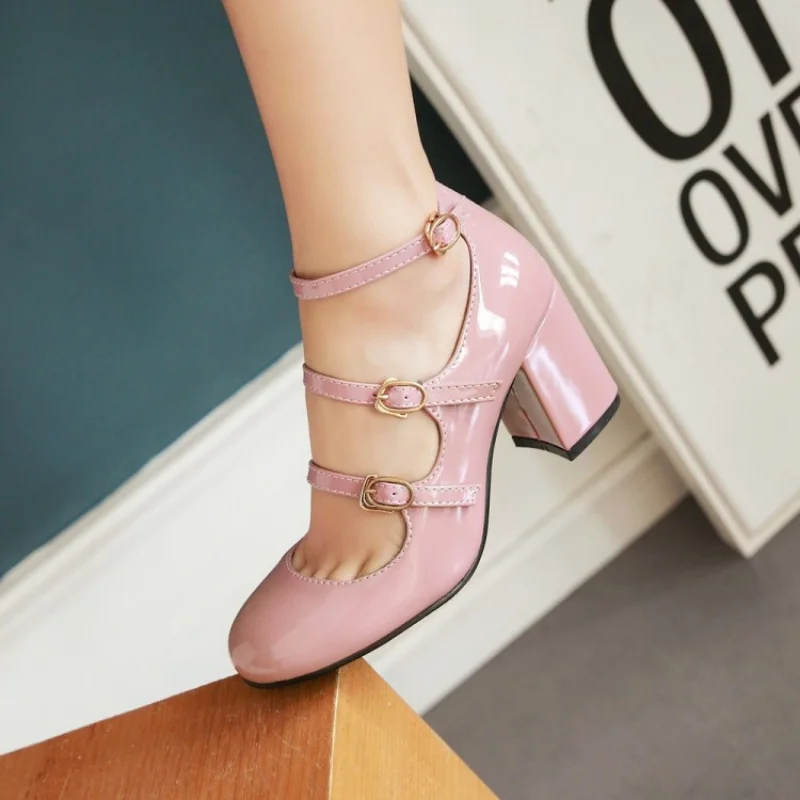 Spring and autumn New style fashion Round head high-heeled Women\'s Shoes Shallow mouth Buckle Thick heel Women Shoes high 7cm