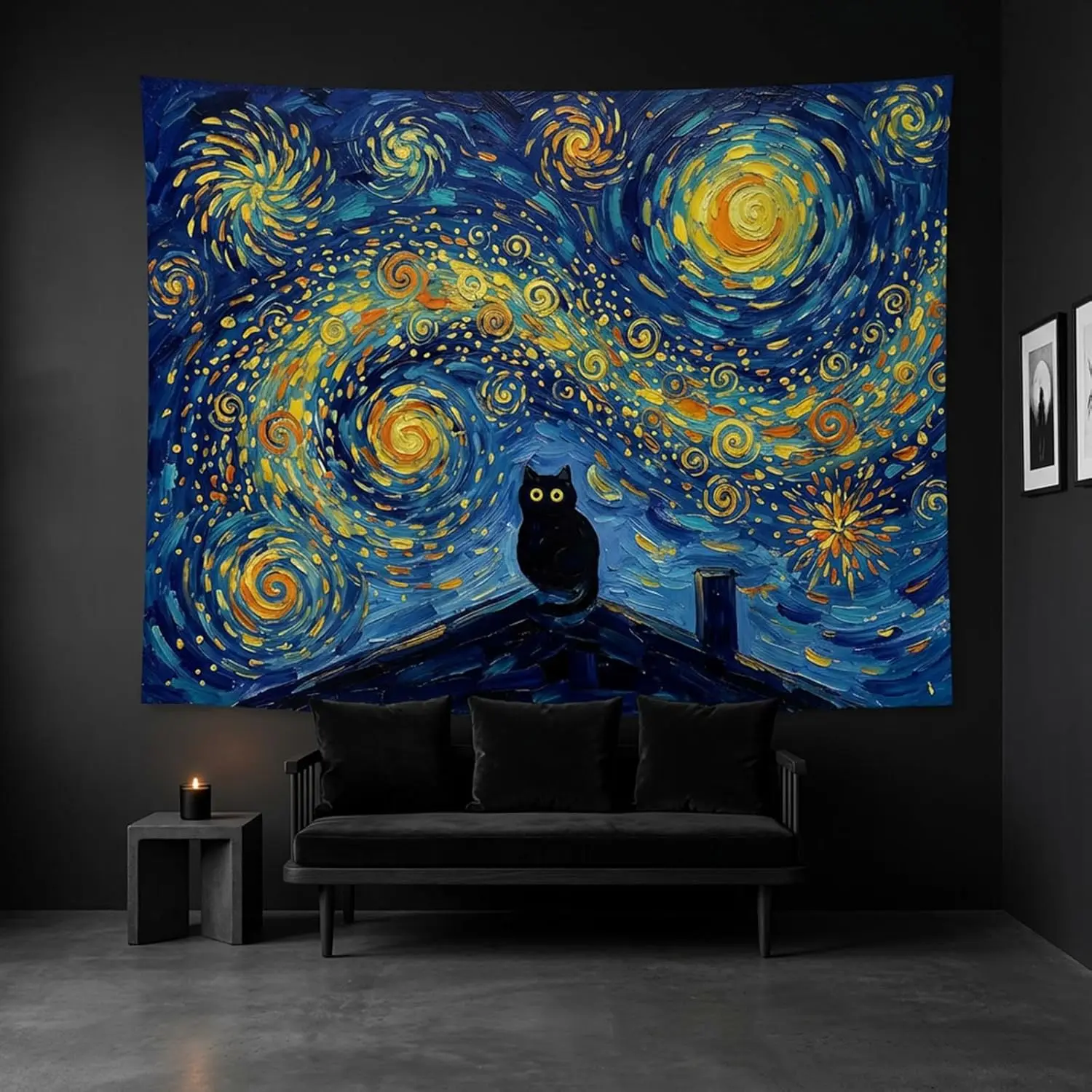 Van Gogh Starry Night Cat Tapestries Impressionist Art Tapestries Black Cat on Rooftop Wall Tapestry Bedroom Dormitory Living