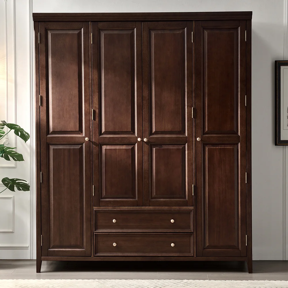 American Solid Wood Wardrobe Rural Retro Home Four Doors With Drawers Swing Door Bedroom Full Solid Wood Storage Large Wardrobe