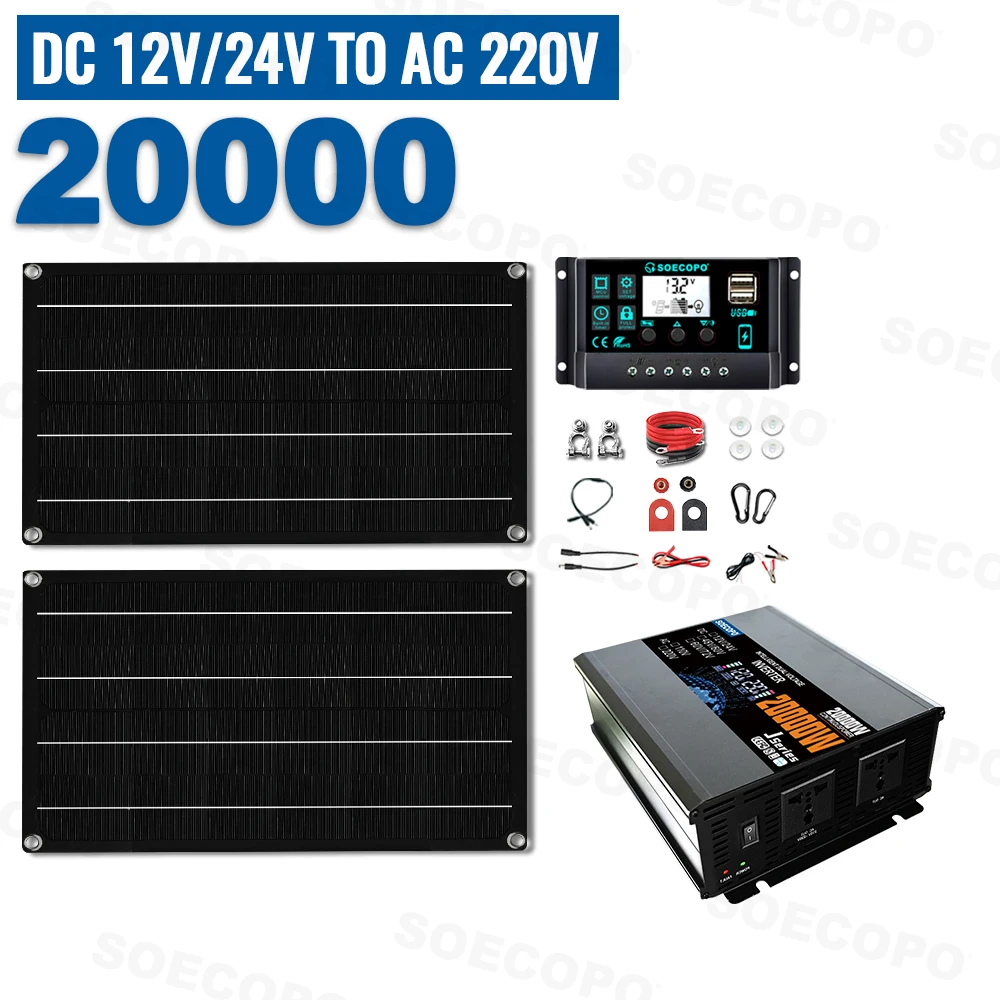 SOECOPO 20000W Complete Zonnestelsel Kit 2*800W Fotovoltaïsche Panelen 12V 24V Naar 220V/110V Omvormer 100A Controller voor Camping
