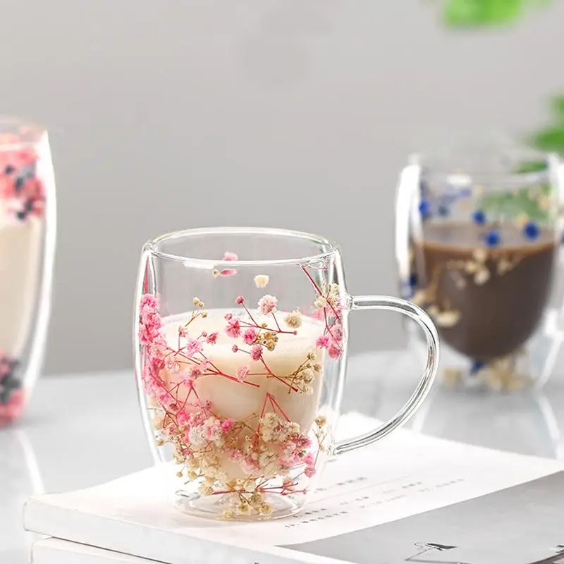 Fillings Dry Flowers Double Wall Glass Cup With Handle Heat Resistant Tea Coffee Cups Espresso Milk Mug Creative Gift 350ml