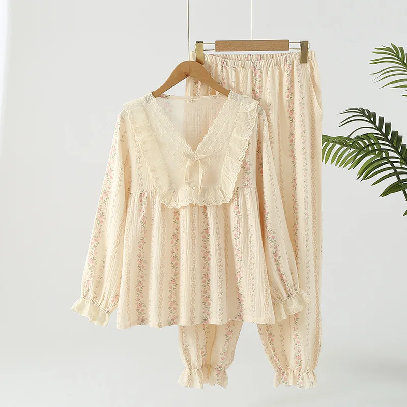 Pyjama en pansement de coton à manches longues pour femmes, vêtements de nuit à imprimé fleuri, vêtements de détente décontractés à col en V, printemps, automne