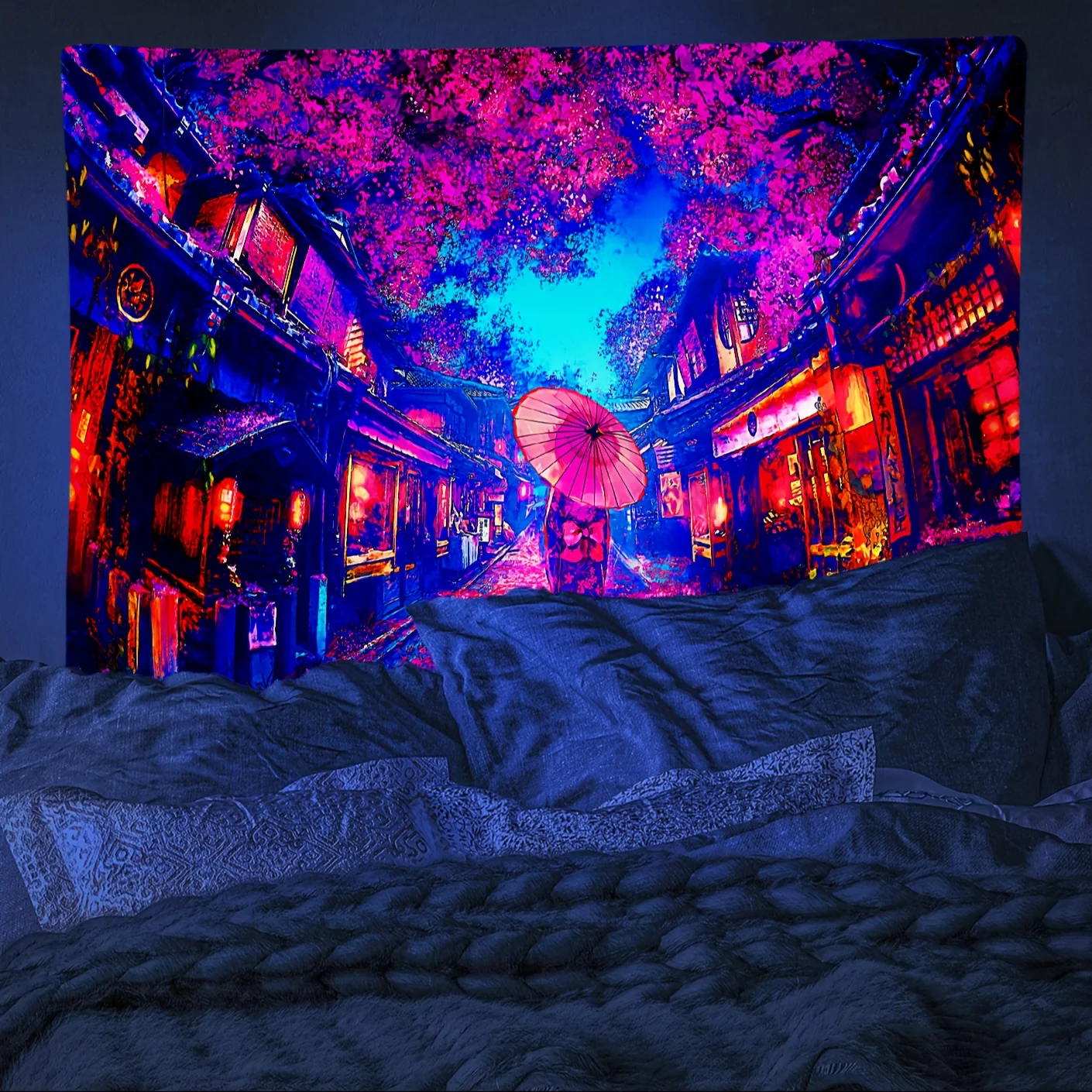 VIKAMA サイバーネオン桜ストリートタペストリー背景布、 - Photography Urban のレビューと価格