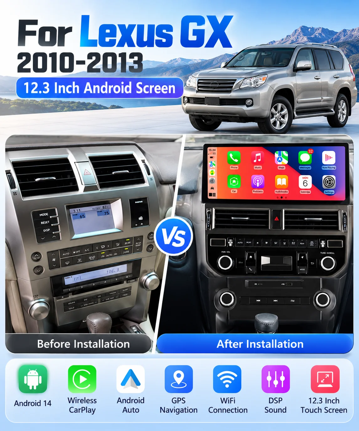 12.3 Inch Android 14 Car Stereo For Lexus GX460 2010-2013 GPS Navigation Touch Screen Multimedia Player Radio Head Unit WiFi