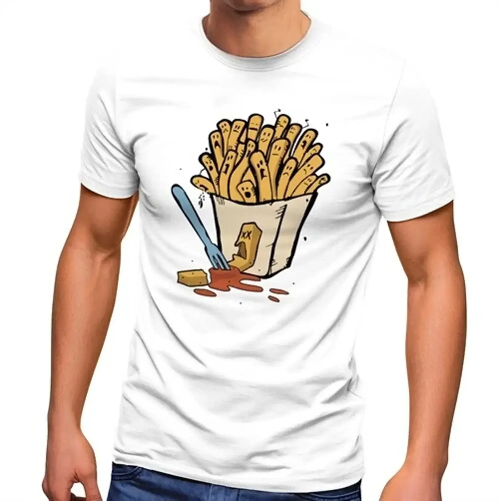 Men's T shirt French fries ketchup funny comic drawing fast food image 1 of 2 vintage Washed Top For Everyday Wear Casual