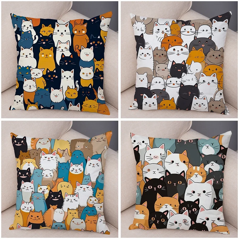 Cute Pet Hello Cat Cushion Cover Double Print Soft Plush Pillowcase for Sofa Home Car Decor Cartoon Animal Pillows Case 45x45cm
