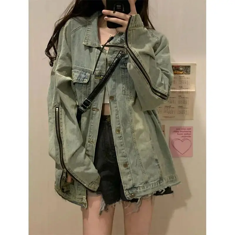 Deeptown Vintage Denim Damen jacke Overs ize Streetwear Grunge Y2k koreanische Mode Herbst Winter Jeans Jacken Freizeit mantel