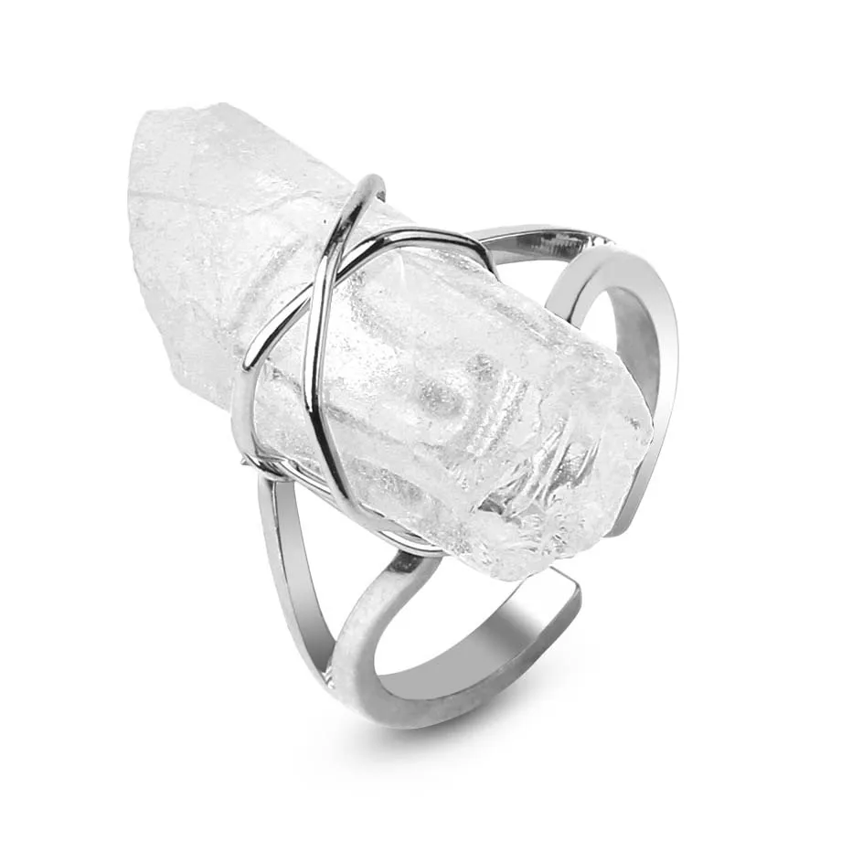 Wire Wrapped Natural Raw Irregular Rock Crystal Quartz Pillar Stone Resizable Size Finger Ring  Women Girls Jewelry Gifts