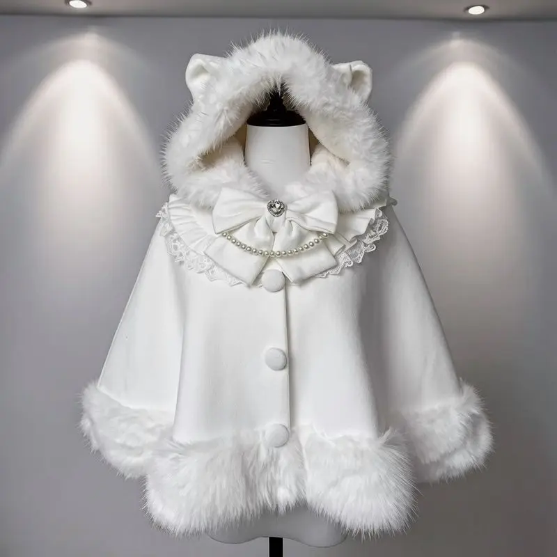 Cute  Ear Woolen Cloak Warm Snuggly Lolita Style Sweetness Female Outerwear Spring Autumn Winter Fashion Kawaii Coat