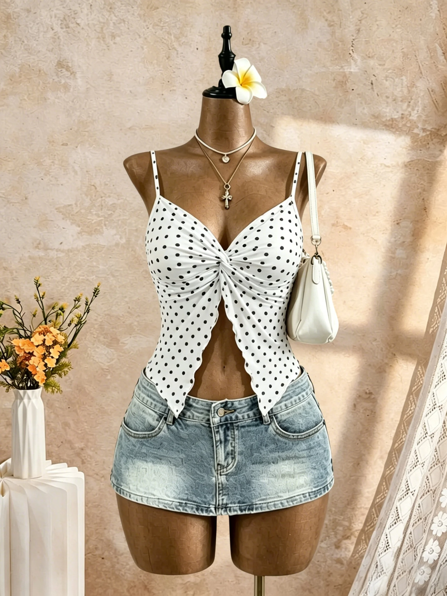 Damen Spaghetti-Träger V-Ausschnitt Twist-Front Cut-Out Rüschen Unregelmäßiger Saum Slim Fit Crop Cami Top 2026 Sommer Y2K Einfarbig Weiß Ärmellos – Detail 1