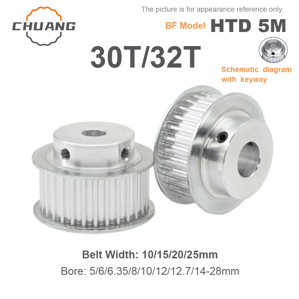 30T 32Teeth HTD 5M Timing Belt Pulley BF-Type 30T 32Teeth Keyway Hole 5/6/6.35/8-28mm For 10/15/20/25mm Wide Belt