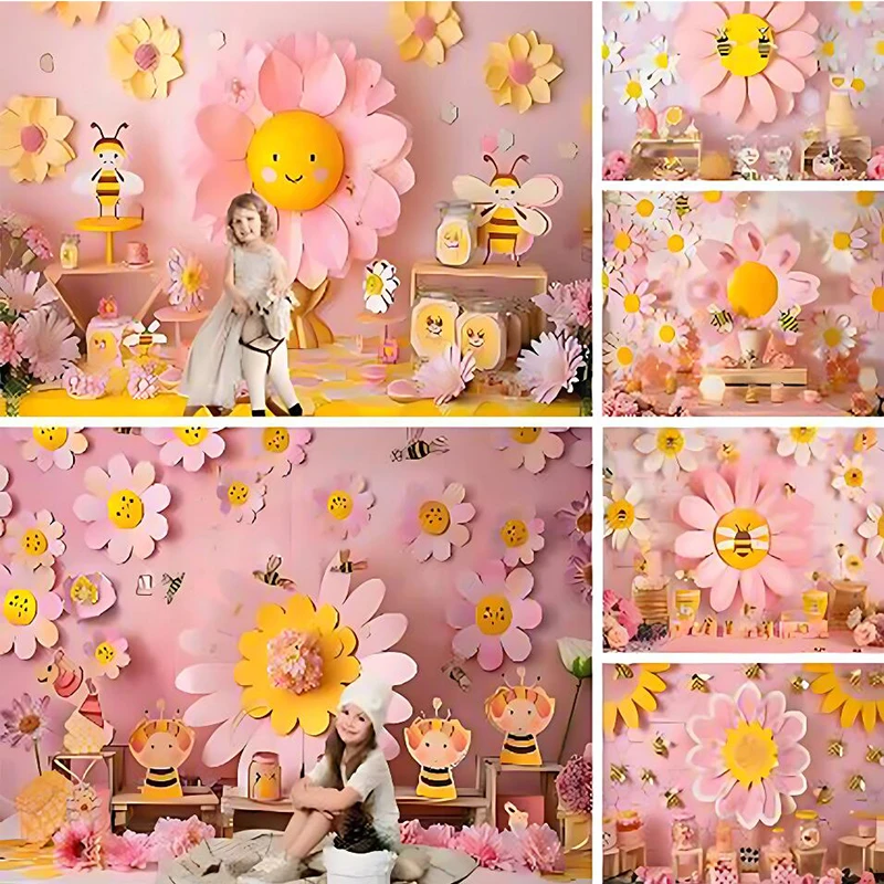 Daisy and Bee Girl's Birthday Party Baby Shower Decoration Supplies Pink Banner Photo Shooting Props Studio Children's Gifts