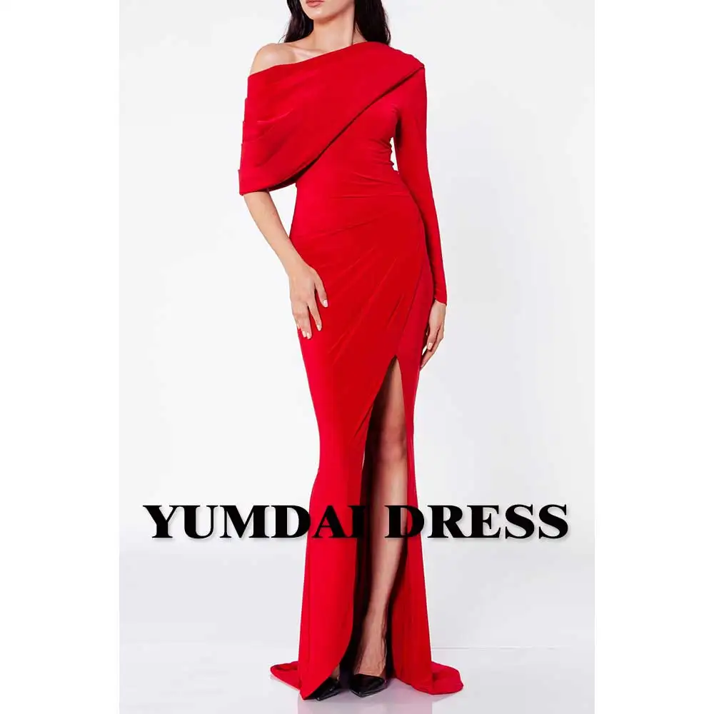 YUMDAI Elegant Red Crepe Saudi Arabia Long Sleeve Evening Gown 2023 Ladies Formal PROM Dress Fall Special Occasion Mom Dress