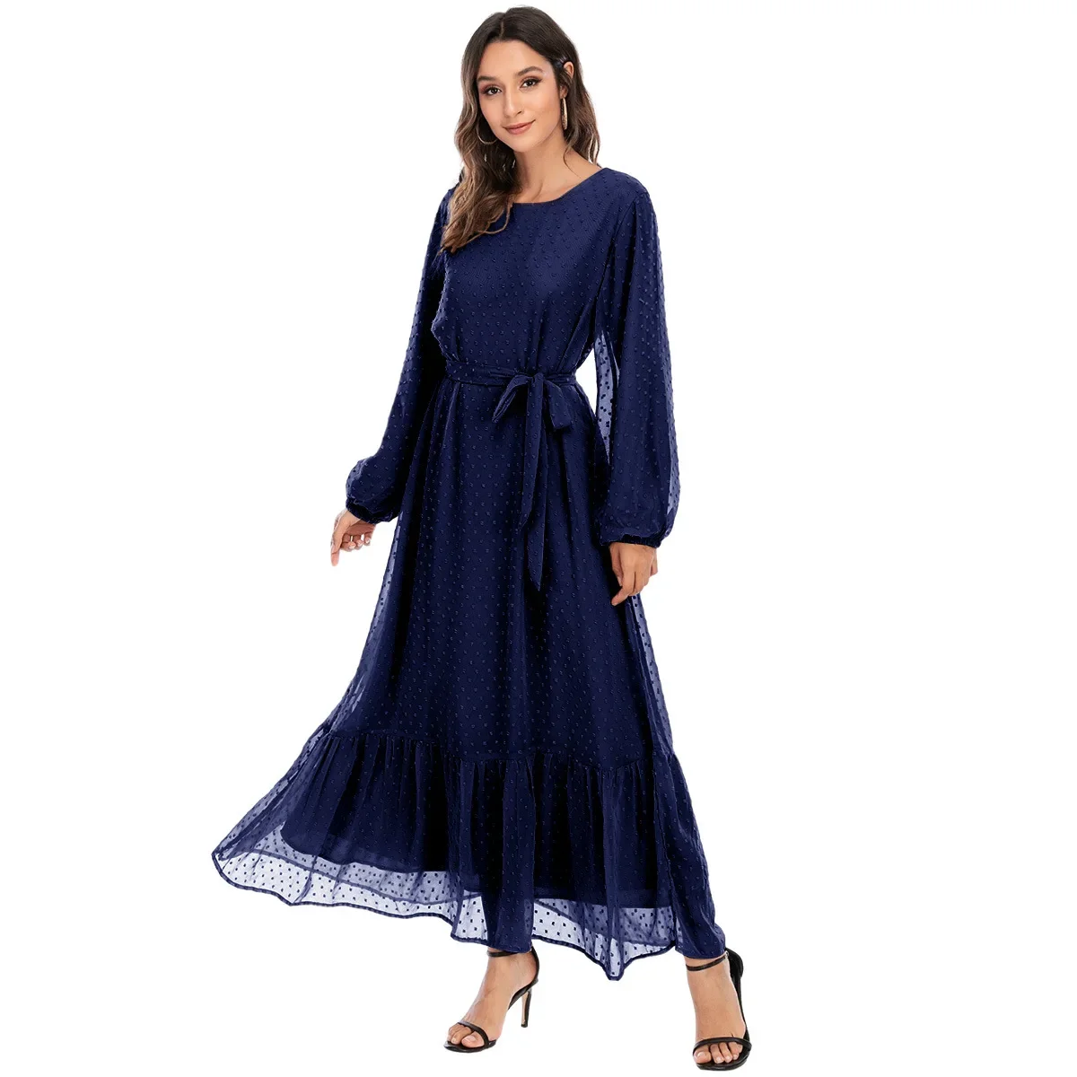 Women Simple Elegant Abaya Muslim Drees Lace-up Long Sleeve Round Neck Ladies Dress Middle Eastern Dubai Turkey Solid Daily Robe