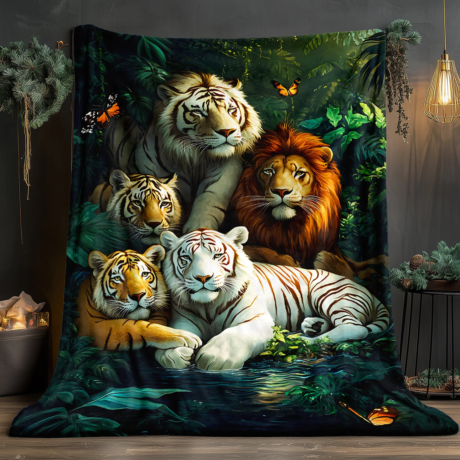 1pc Tiger and Lion Party Portable Blanket- Lightweight Flannel Throw Blanket, Suitable for Sofa, Travel, Camping, Living Room, O