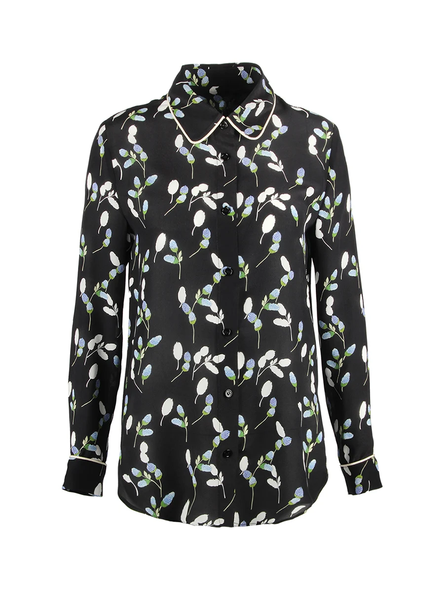 SuyaDream Women Floral Shirts 100%Pure Silk Turn Down Collar Printed Chic Blouses 2023 Spring Summer Office Lady Top Navy