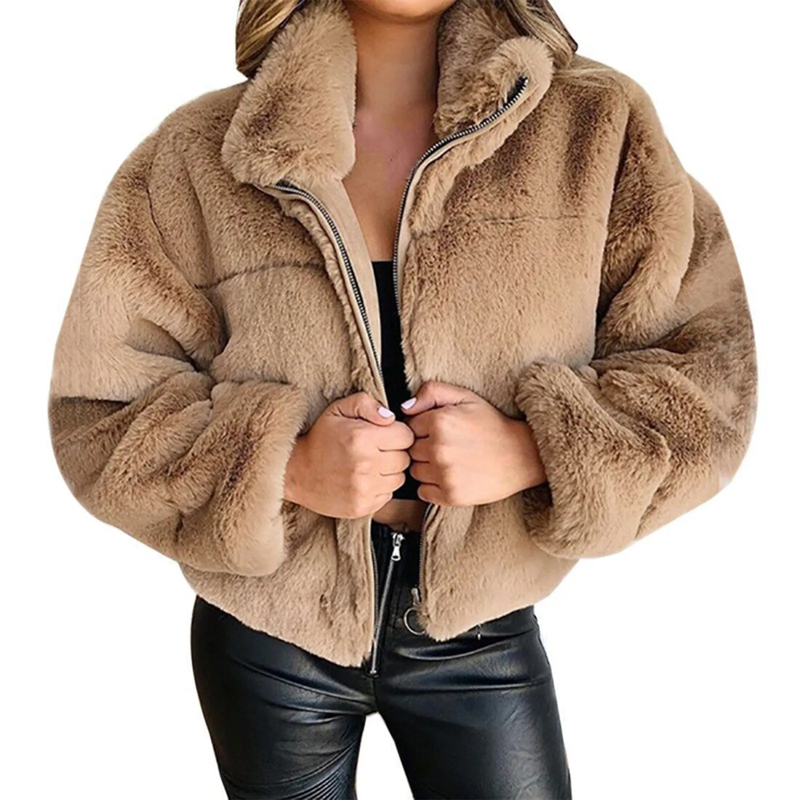 Cappotto corto in finto autunno e inverno Cappotto cardigan con zip con risvolto peloso alla moda Cappotto caldo in peluche spesso Capispalla da donna