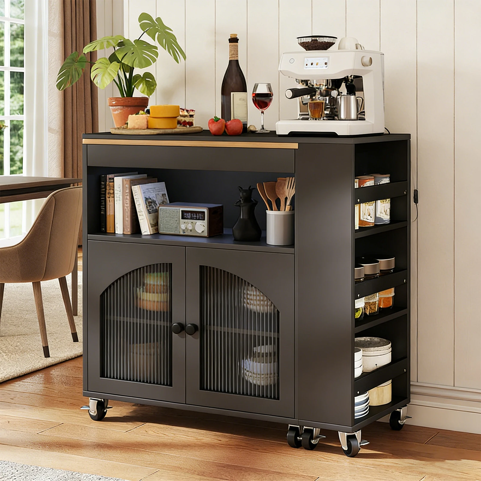 Rolling Kitchen Island Cart with Extended Table - MDF Storage Unit with LED Light, Outlets, 2 Fluted Glass Doors & 3 Shelves - view 6