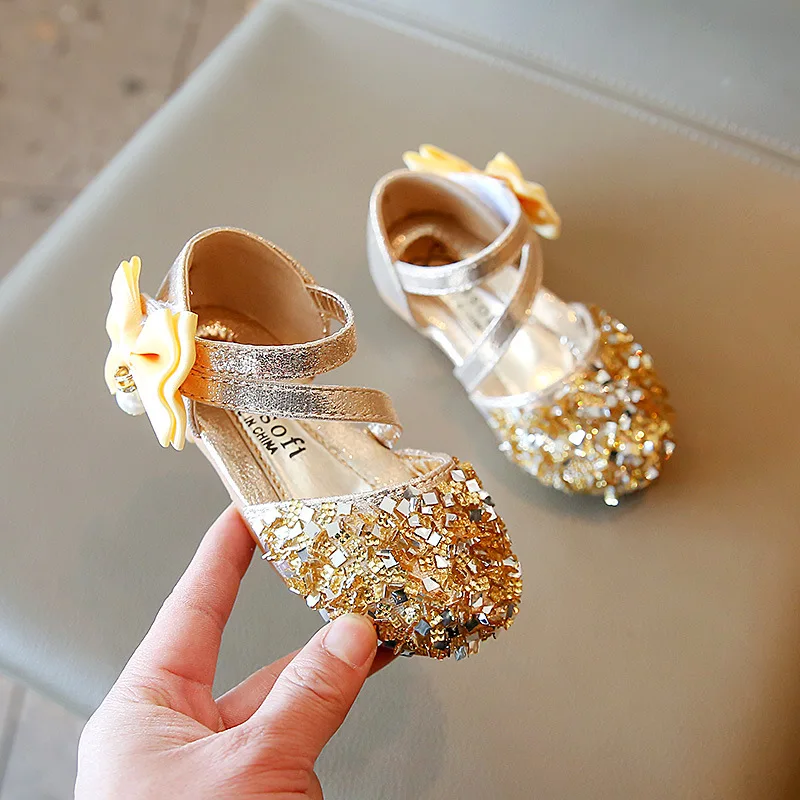 1-12 Toddler Sandals Summer 2022 Kid Shoe Baby Princess Leather Shoes Child Sandals Girl Crystal Sequins Party Fashion Bow Shoe