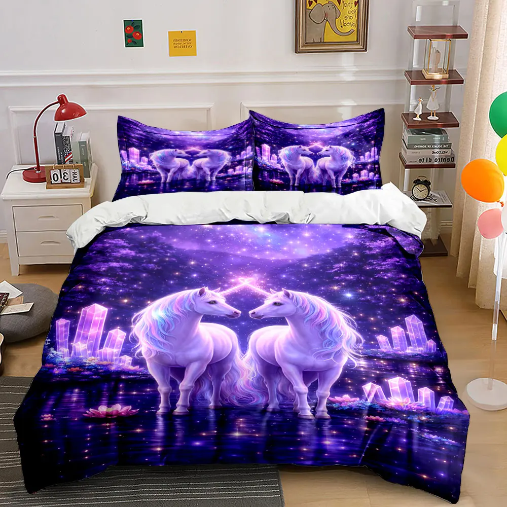 Enchanted Unicorns in Lavender Glow Print Bedding Set 1 Duvet Cover 2 Pillowcases for Adult and Children Luxury Gift Full Size